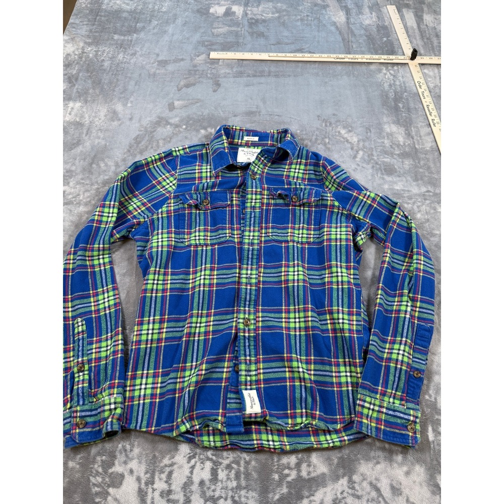 Abercrombie & Fitch‎ Men's XL Blue Green Plaid Flannel Button Down Shirt Muscle